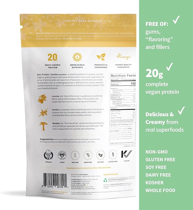 Sprout Living Epic Protein Bundle - Original Chocolate Maca &amp Vanilla Lucuma (20-26g Organic Plant-Based Protein Powder Vegan Superfoods) | 1lb 12 Servings