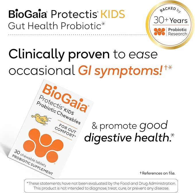 BioGaia Kids Probiotic Chewables | Promote Regularity | Ease Occasional Tummy Troubles | Ages 3+ | Allergen Dairy Soy &amp Gluten Free | Backed by 30 Years of Probiotic Research | 90 Day Supply