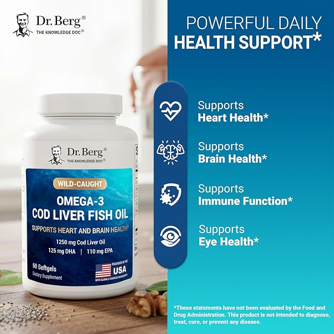 Dr. Berg Omega-3 Cod Liver Fish Oil 60 Softgels – Wild-Caught Icelandic Cod – Omega 3 EPA &amp DHA – Heart Brain Immune &amp Eye Support* – Lemon Flavor – 4X Lab-Tested – Non-GMO No Fillers