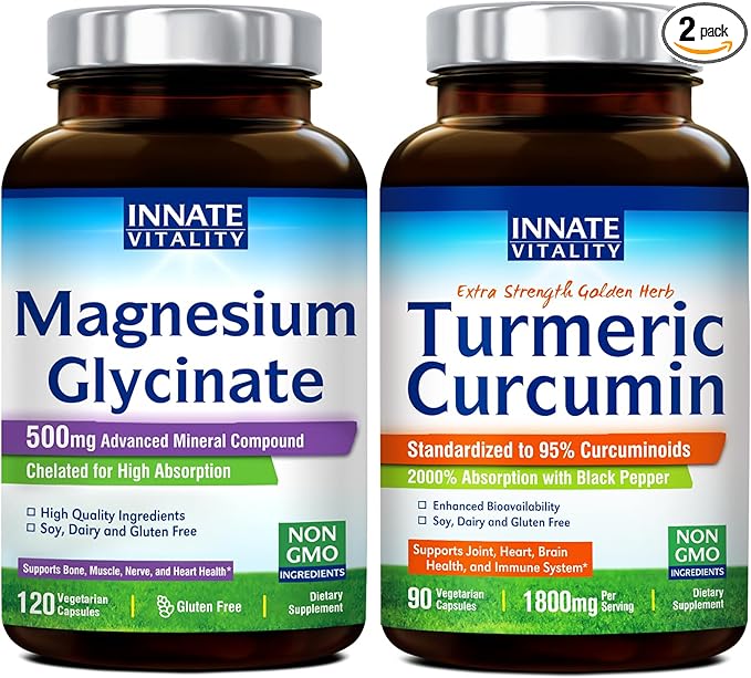 Innate Vitality Magnesium Glycinate &amp Turmeric Bundle High Absorption Joint Muscle &amp Nerve Health Black Pepper Extract Bundle &amp Save 120 Capsules &amp 90 Capsule