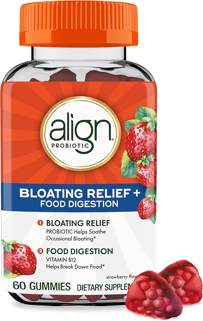 Align Probiotic Bloating Relief + Food Digestion Probiotics for Women and Men Probiotic Helps Soothe Occasional Bloating* With Vitamin B12 to Help Break Down Food into Cellular Energy*60 Gummies