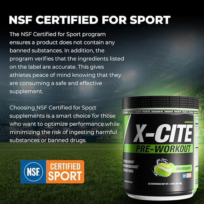 X-CITE Pre-Workout by ATHLEAN-X - Enhanced Formula with Beta-Alanine Creatine &amp Caffeine for Ultimate Energy Endurance Focus &amp Muscle Pump NSF Certified for Sports (Sour Green Apple)