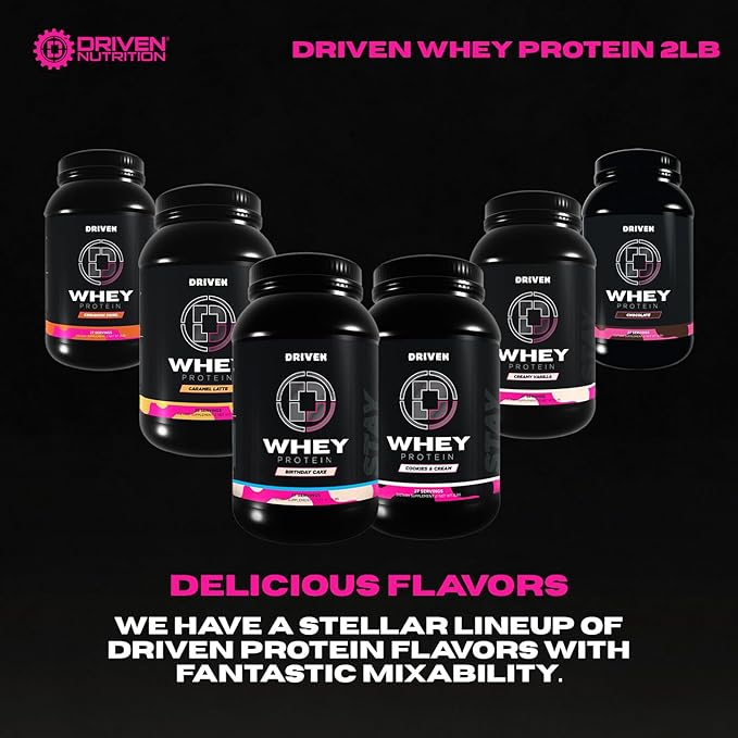 Driven WHEY- Whey Protein Powder: Delicious Clean Protein Shake- Improve Muscle Recovery with 23 Grams of Protein with Added BCAA and Digestive Enzymes (2lb Birthday Cake)