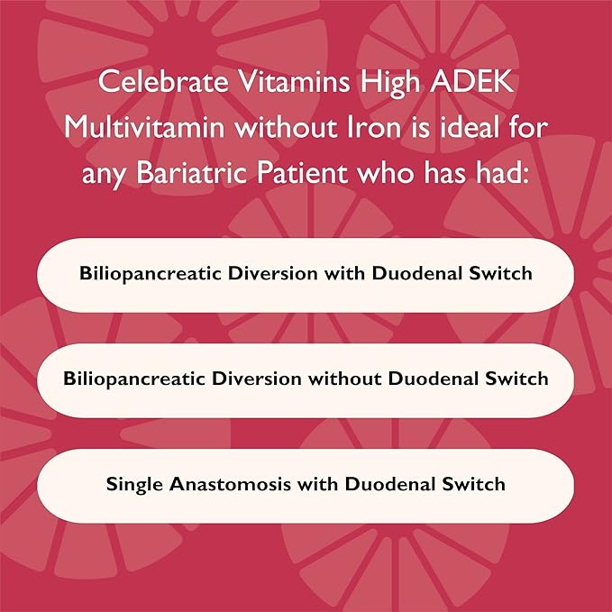 Celebrate Vitamins Multi ADEK Chewables Iron Free - Daily Bariatric Multivitamin High Level of Vitamins A D E K &amp B12 for Duodenal Switch Surgery Patients - Berry Sorbert (60 Tablets)