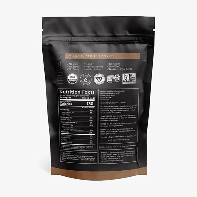 Truvani Vegan Pea Protein Powder | Chocolate | 20g Organic Plant Based Protein | 20 Servings | Keto | Gluten &amp Dairy Free | Low Carb | No Added Sugar