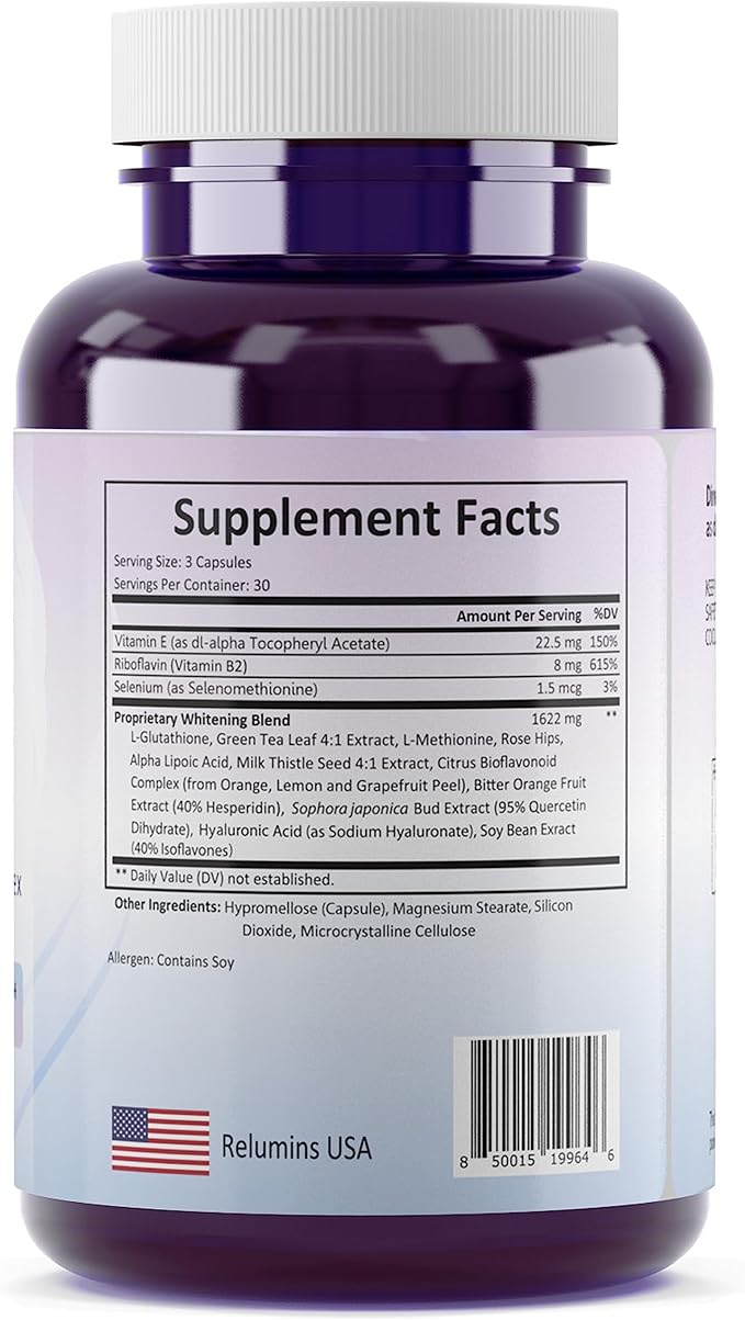 Relumins L-Glutathione Complex 1650mg - Spring Glow Essentials Antioxidant Support with Alpha Lipoic Acid NAC L-Methionine &amp Vitamin E for Skin Made in USA - 90 Vegetarian Capsules x 3 Bottles