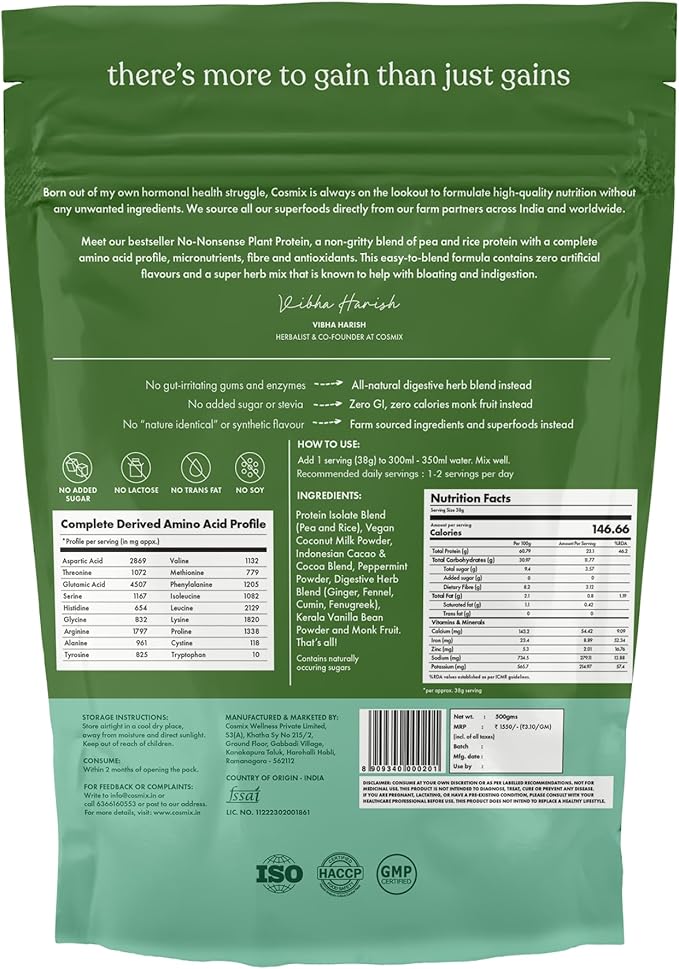 cosmix No-Nonsense Plant Protein 21g Organic Brown Rice &amp Pea Isolate Plant Based Vegan Gluten/Dairy Free Sugar Free Mint Cacao 1.1lb (1pk 13 Servings)