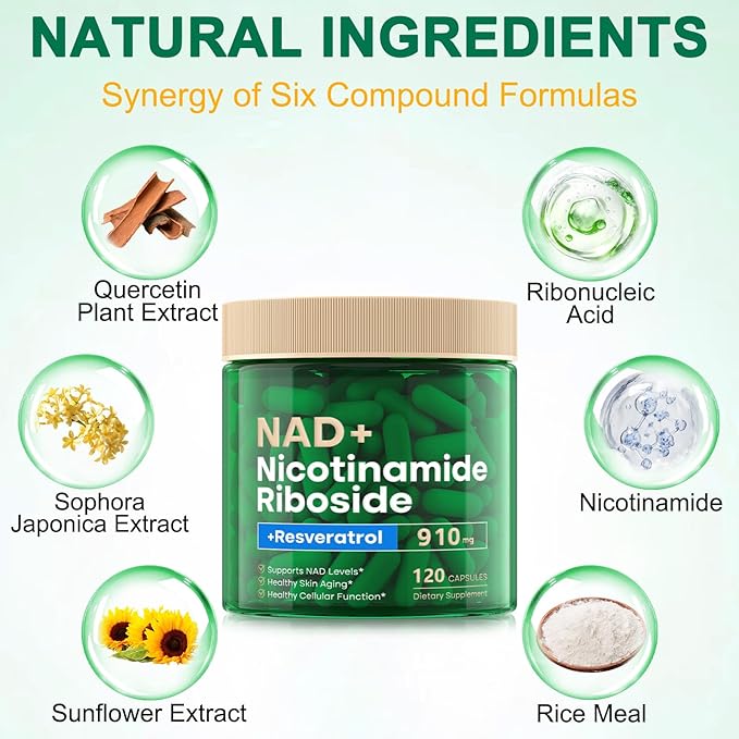 NAD Supplement 120 Capsules Liposomal Nicotinamide Riboside Resveratrol Quercetin NAD Nicotinamide Riboside Resveratrol 910mg for Women &amp Men NAD Supplement for Anti Aging and Cell Regenerati