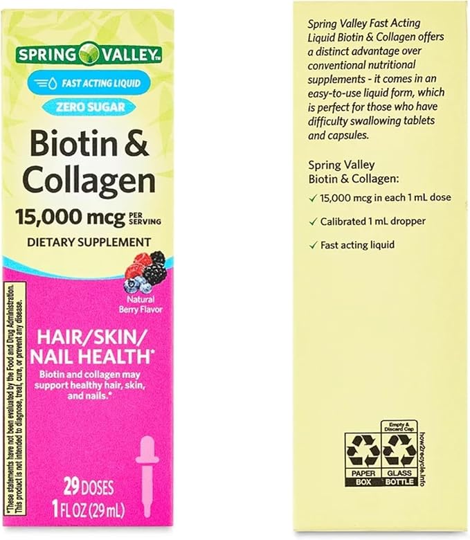 Liquid Biotin and Collagen 15000Mcg Natural Berry Flavor Drops for Hair Skin Nails z (Pack of 2)