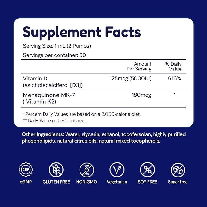 Super D+K Liposomal Vitamin D3 K2 Liquid Drops 5000 IU D3 &amp 180 mcg MK-7 K2 Supplement Advanced Nanoemulsion Formula for Maximum Absorption Immune Support Bone Health &amp Heart Health