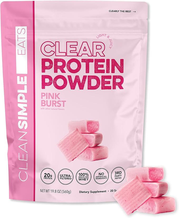 Clean Simple Eats Clear Protein Drinks 20G Grass Fed Whey Protein Isolate Ultra Filtered Light &amp Refreshing Beverage Low Lactose No Artificial Ingredients Pink Burst Flavor 20 Servings