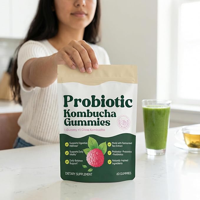 Probiotic Kombucha Gummies with Prebiotics Probiotics &amp Postbiotics – Digestive Support Fiber Gummy Supplement with Slippery Elm Dandelion Root &amp MCT Oil – Vegan Non-GMO 60 Gummies