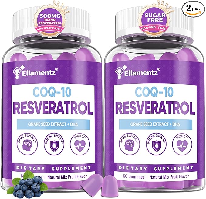 7-in-1 Trans-Resveratrol Gummies 500mg Complex - with CoQ10 DHA Vitamin C E &amp Grape Seed - Support Healthy Aging &amp Vitality - Zero Sugar Blueberry Flavor -120 Count (60-Day Supply / 2 Pack)