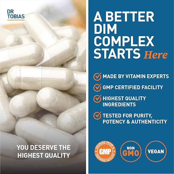Dr. Tobias Adult Multivitamin &amp DIM Complex Supports Energy Immune and Hormone Balance for Men &amp Women with 42 Fruits &amp Vegetables BioPerine Broccoli Extract &amp Calcium Non-GMO
