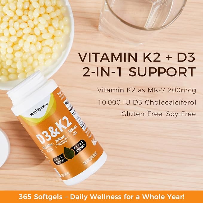 NutriSphere Vitamin D3 &amp K2 (MK-7) - 10000 IU + 200 mcg Supplement D&ampK Easy to Swallow Supports Calcium Absorption - 365 Softgels (1 Year Supply)