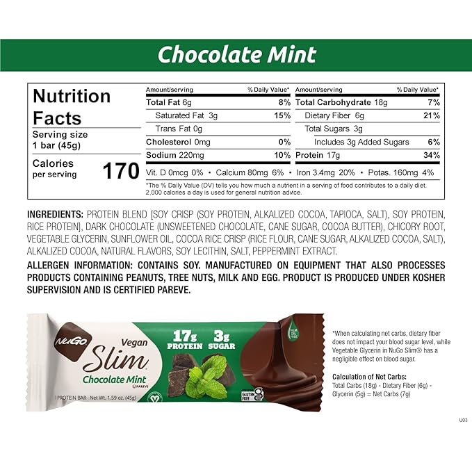 NuGo Slim Vegan Variety - Crunchy Peanut Butter 12 bars &amp Chocolate Mint 12 bars Low Net Carb Keto Friendly 16-17g Plant Based Protein Gluten Free 24 count