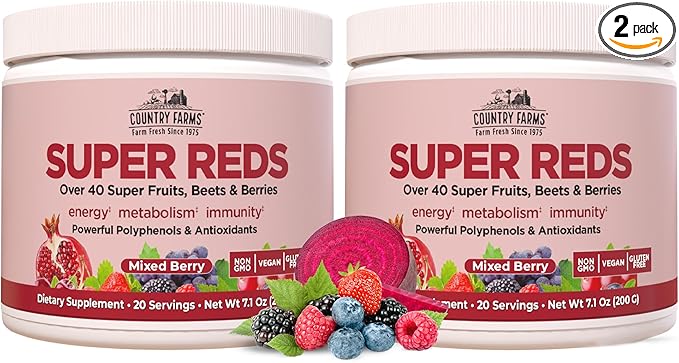 COUNTRY FARMS Super Reds Energizing Polyphenol Superfood Over 40 Super Fruits and Berries Powerful Antioxidants and Polyphenols Supports Energy Supports Circulation 40 Servings Mixed Berry