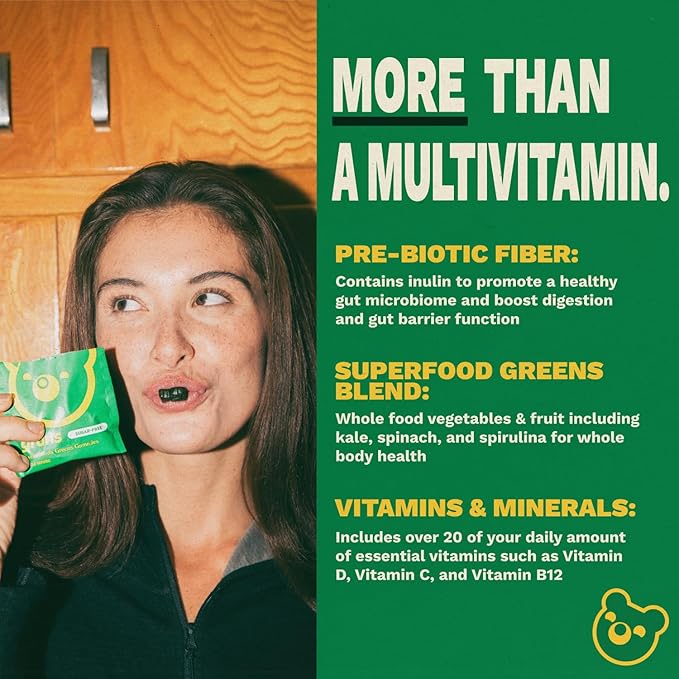 Gruns Adult Sugar-Free Super Greens Multivitamin Gummies Superfood Gummy Vitamins for Women and Men with Spirulina Chlorella Adaptogens &amp Prebiotic Fiber for Digestive Health (28 Count)