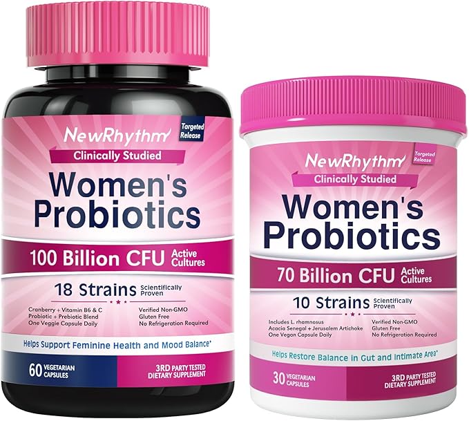 NewRhythm VagFlora Carefree Bundle Women's Probiotics 100 Billion CFU &amp Women's Probiotics 70 Billion CFU PH Balance Vaginal Urinary &amp Digestive Health Non-GMO