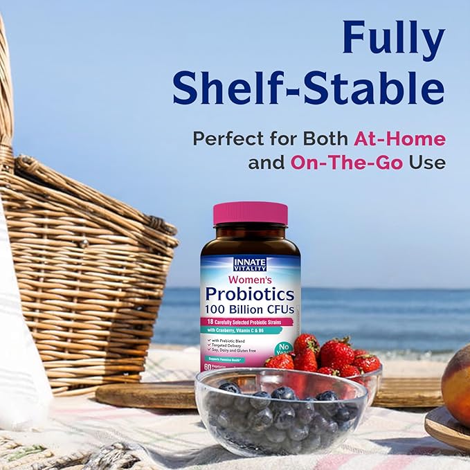 Innate Vitality Probiotics for Women 100 Billion CFUs 18 Strains Prebiotics and Probiotics with Cranberry Vitamin C &amp B6 P5P Vaginal &amp Digestive Health Non refrigerated 60 Caps