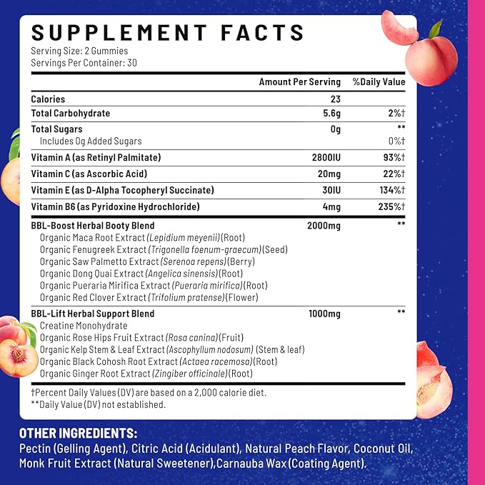 Booty Gummies for Women - BBL Gummies with Multivitamins and Herbal Extracts - Peach Flavor - 120 Count