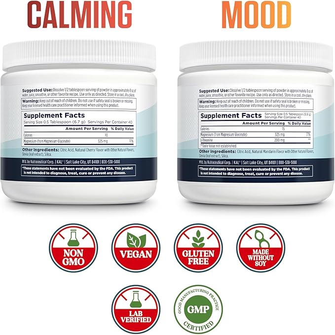 KAL Calming and Mood Magnesium Powders Bundle - Cherry and Mandarin Flavor - Relaxation Support Enhanced Absorption No Added Sugar Vegan Gluten Free - 40 Servings Each 9 and 9.5 OZ