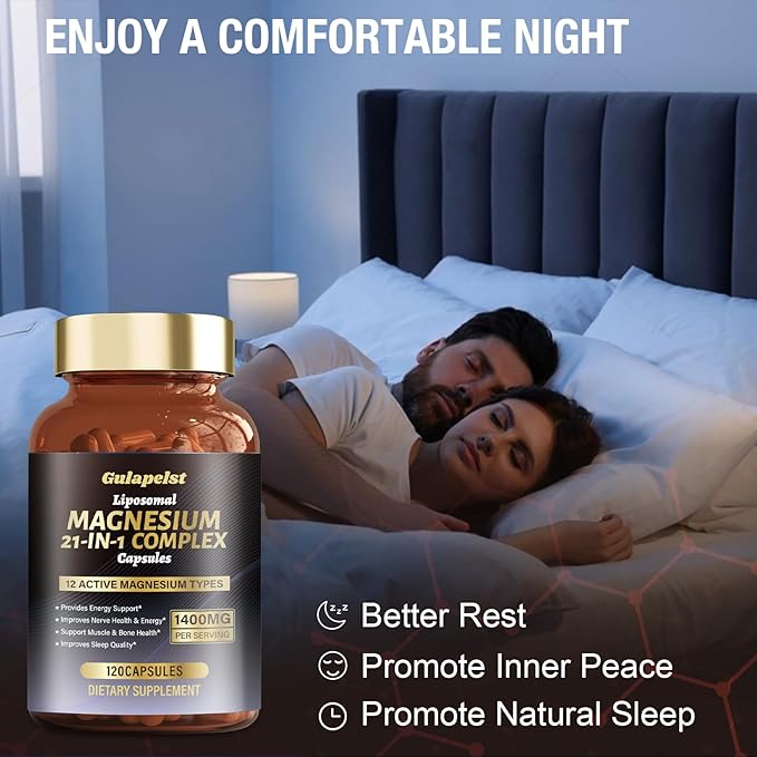 21 in 1 Liposomal 1400mg Magnesium Complex (Citrate Glycinate Malate etc) Capsule - 12 Active Types Magnesium with Vitamin D3 B6 B12 C Ashwagandha &amp CoQ10 for Women &amp Men - Support Bone