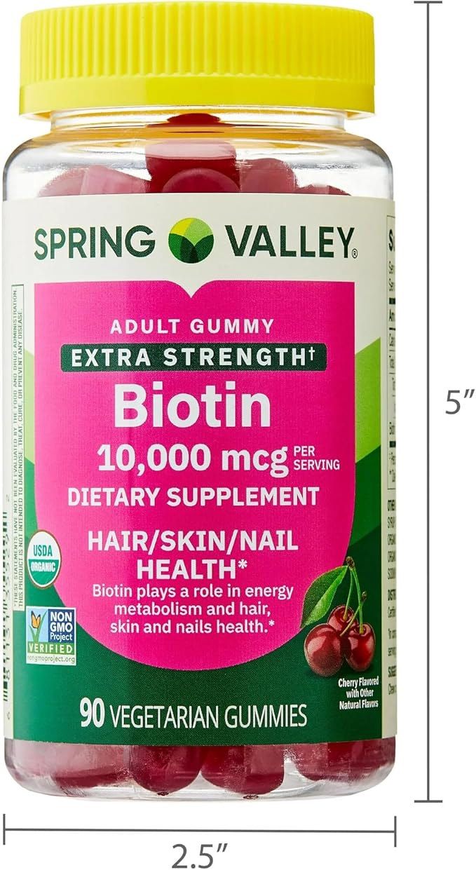 SUREFECT Spring Valley Extra Strength Biotin Gummies 10000mcg - 90 Count - Hair Skin &amp Nail Support - Cherry Flavor - Vegetarian Gluten-Free with Organizer