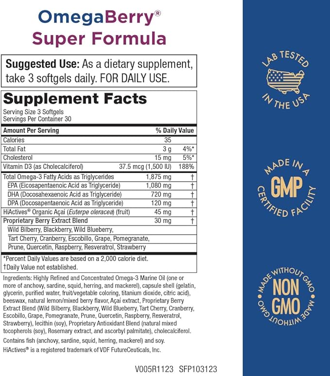 Purity Products OmegaBerry Fish Oil w/Vitamin D3 + Organic Acai Super Formula - 1875 mg of Concentrated Molecularly Distilled Ultra Pure Omega-3s 1080 mg EPA + 720mg DHA + 120 mg DPA - 90 Count