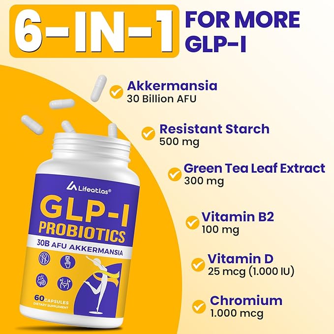 Lifeatlas GLP-l Supplement Probiotic | GLP-l with 30 Billion AFU Akkermansia Probiotic Akkermansia Probiotics for Women and Men Daily GLP-l Supplement 60 Caps