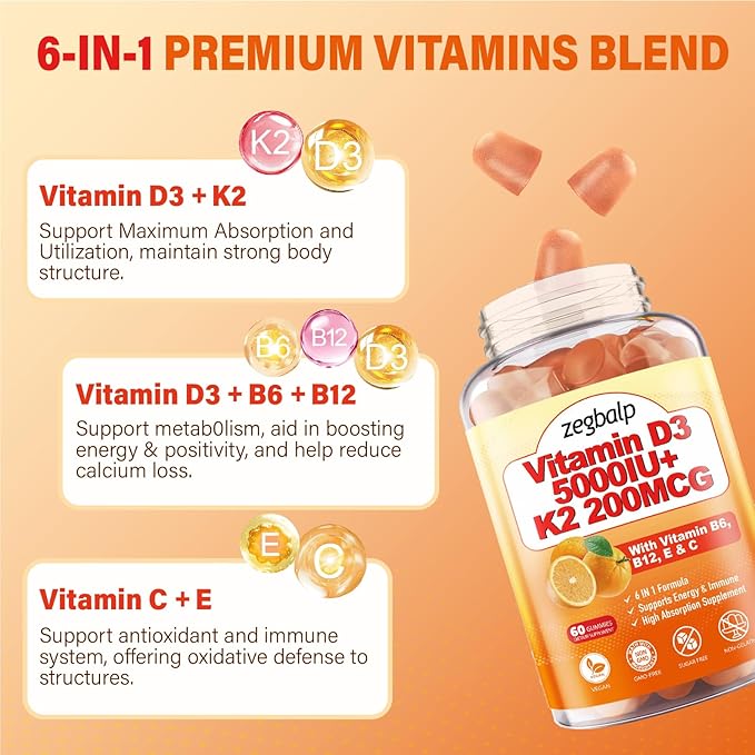 2Packs Vitamin D3 K2 Gummies for Adults Sugar-Free Vitamin D3 5000IU + K2(MK-7) 200mcg Supplement with Vitamin B Complex &amp Vitamin C E Supports Bone Muscle Teeth &amp Immune Vegan Gluten Fre