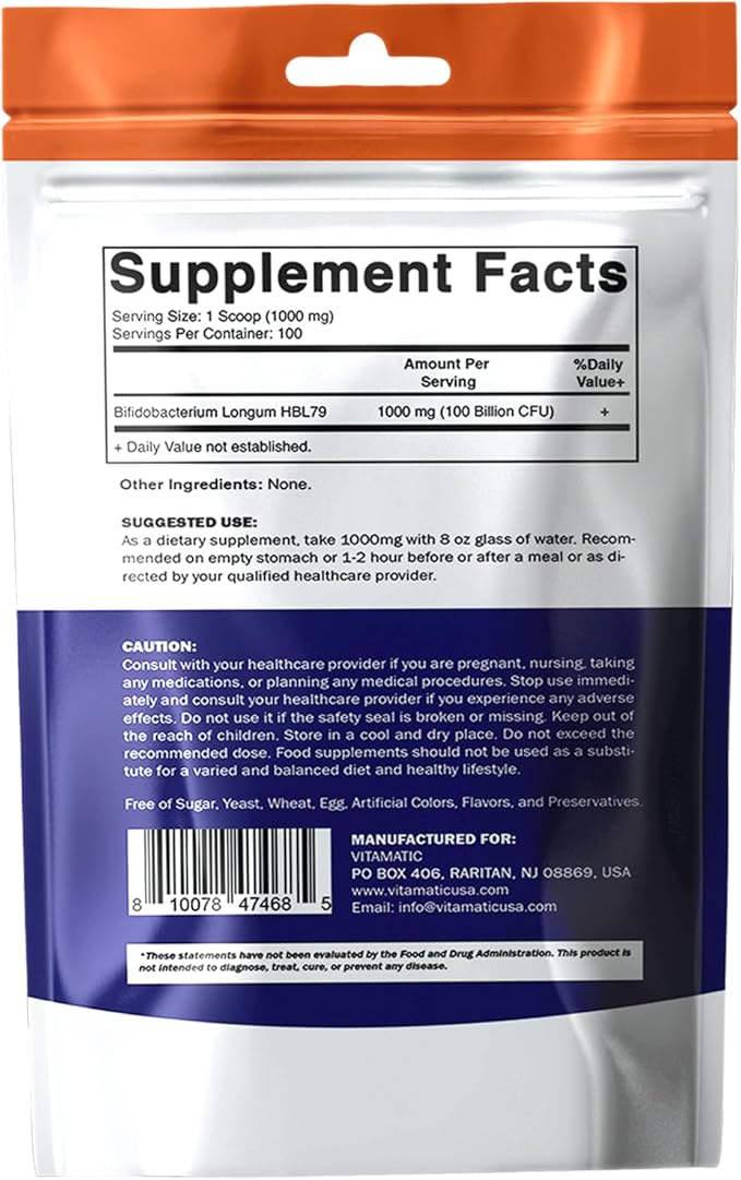 Vitamatic Bifidobacterium Longum Probiotic Powder - Digestive Health Support - 100 Gram (3.5 OZ) - 100 Servings