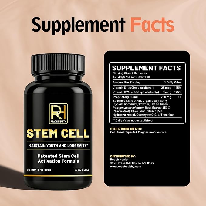 Stem Cell Activation Formula 60 Capsules with Vitamin D and B12 Youth and Longevity Support Maintain Youth and Longevity Patented StemCell Activation Fomula (3bottle (180 softgels))