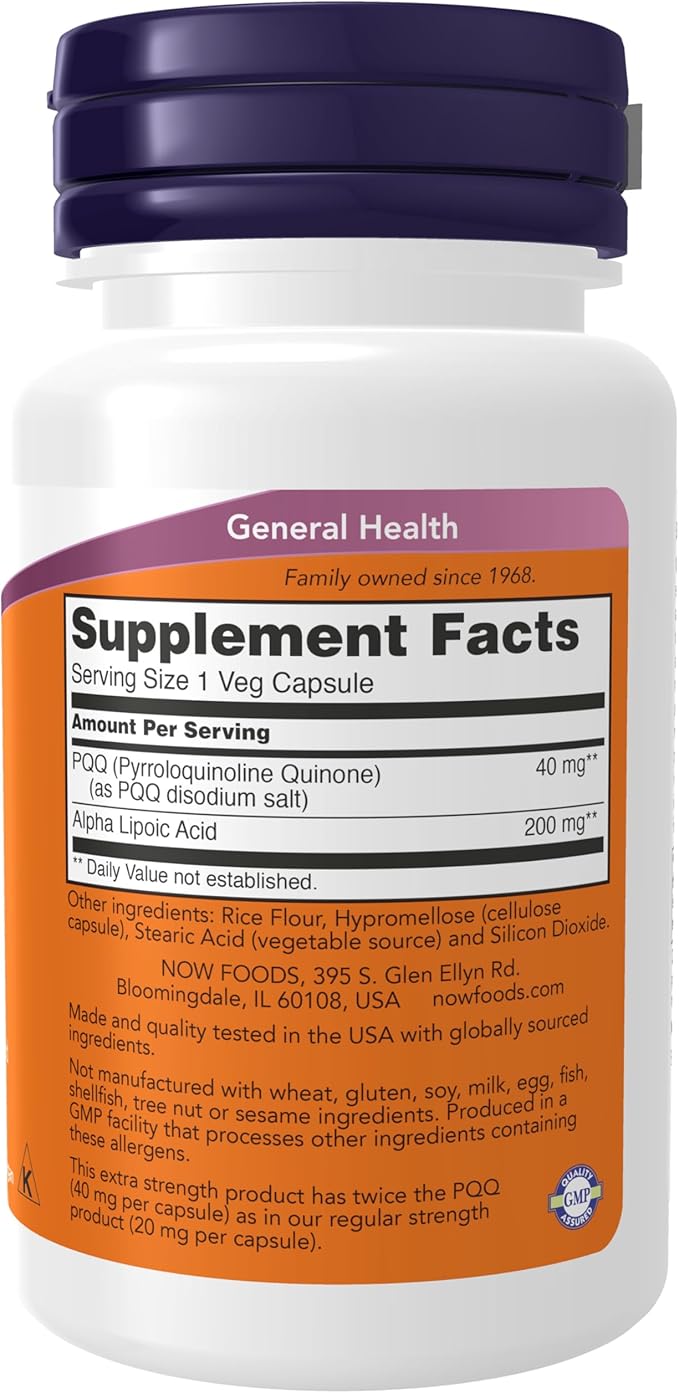 NOW Foods Supplements PQQ 40 mg with 200 mg Alpha Lipoic Acid Extra Strength 50 Veg Capsules