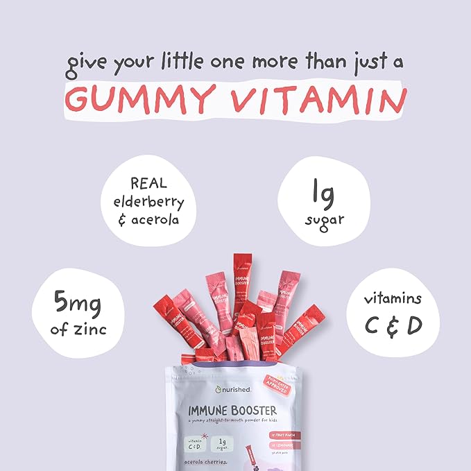 Kids Immune Booster with Elderberry Acerola Cherry Zinc Vitamins C &amp D - Straight-to-Mouth Powder - 30 Servings - 2 Flavors