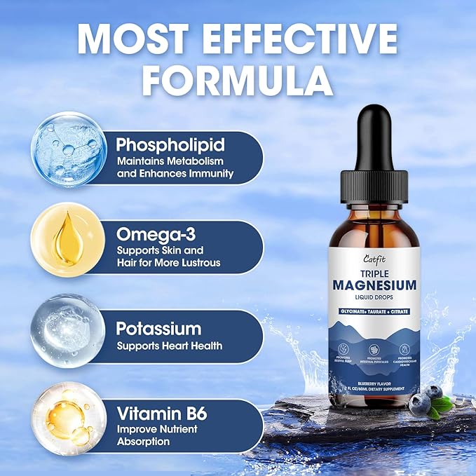 Magnesium Glycinate Liquid Drops with Taurate &amp Citrate Magnesium Supplement for Sleep Calm &amp Relaxation with Potassium &amp Omega-3 High Absorption Formula Blueberry Flavor 2 Fl Oz
