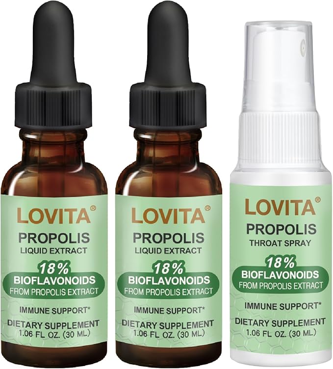 LOVITA Propolis Wellness Bundle - 2 Liquid Extract Drops (500mg) &amp 1 Throat Spray 18% Bioflavonoids Alcohol-Free Immune Support &amp Throat Care (3 Pc Set)