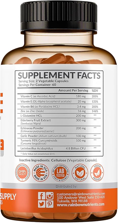 10 in 1 Immune Support Supplement (No Fillers) | Vitamin C Zinc Elderberry Echinacea Turmeric Probiotics |Immunity Booster for Multi-System Immune Defense Respiratory &amp Gut health |60 Day Su