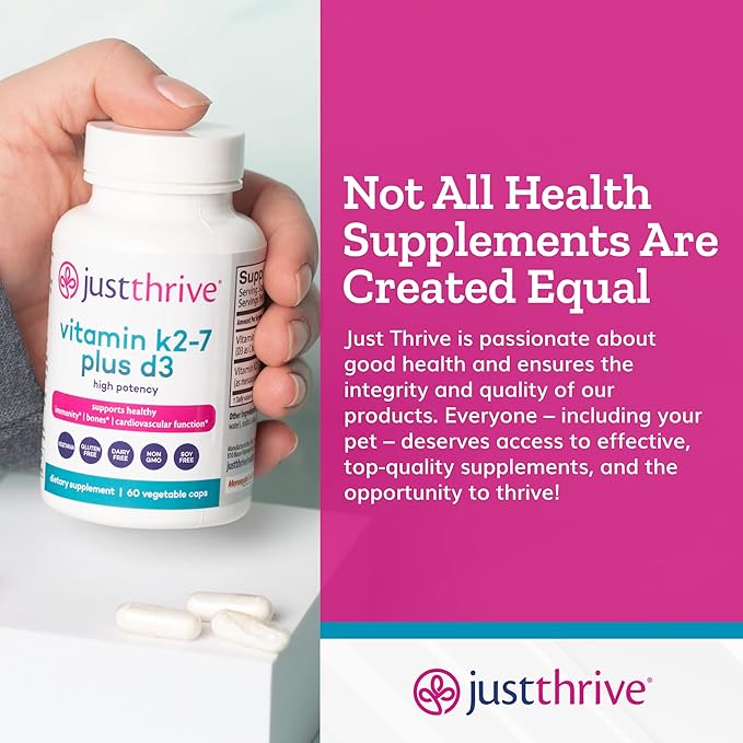 Just Thrive Vitamin K2-7 Plus D3 - Immune Heart and Bone Health Supplement 60 Vegetable Capsules