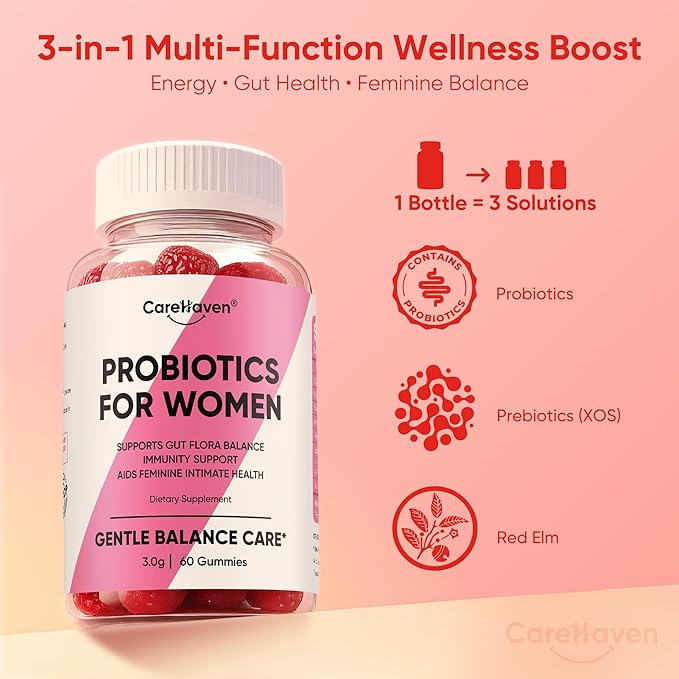 Probiotics for Women Gummies - Multiple Probiotics &amp Red Elm - Supports Gut Flora Feminine Health &amp Immune Function - 60 Active Daily Gummies (3PCS)