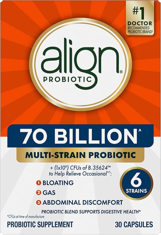 Align Probiotic 70 Billion CFU 6 Strain Blend Probiotics for Women and Men Daily Probiotics for Digestive Health Helps Relieve Occasional Bloating &amp Gas 30 Capsules