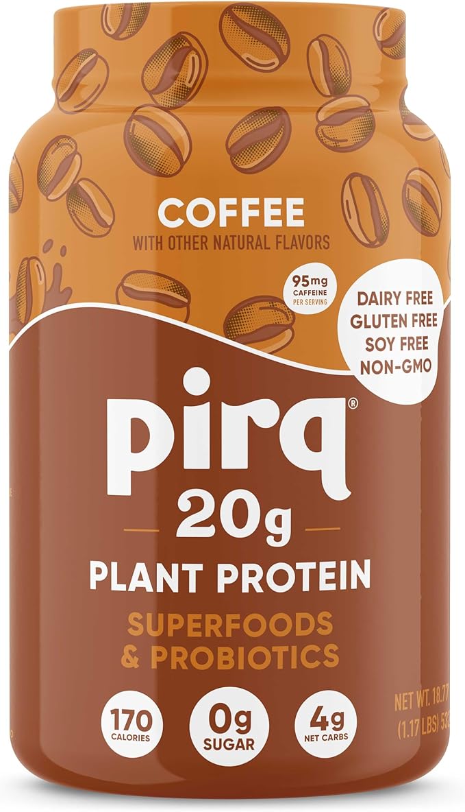 Pirq Dairy Free Protein Powder with 20g Protein Plant Based 2B CFU Probiotics 25 Superfoods Greens and Fruits Vegan 0g Sugar (14 Servings)(Coffee)