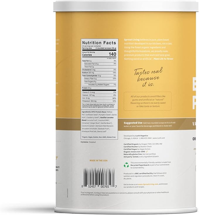 Sprout Living Epic Protein Plant Based Protein &amp Superfoods Powder Vanilla Lucuma Powder | 20 Grams Organic Protein Powder Vegan Non Dairy Non-GMO Gluten Free Low Sugar (2 Pound 24 Serving