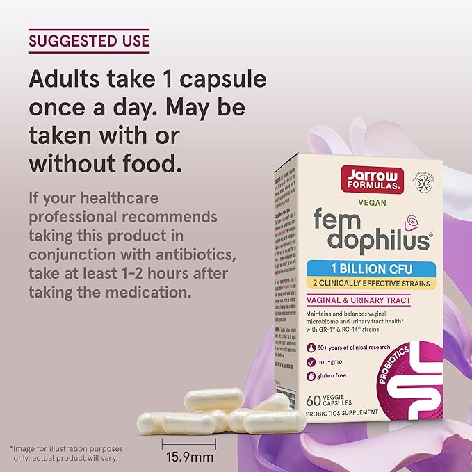 Jarrow Formulas Fem-Dophilus Probiotics 1 Billion CFU with 2 Science-Backed Strains Dietary Suppl for Vaginal and Urinary Tract Supp60 Veggie CapsUp to a 60 Day Supply Shelf-Stable12 Packs