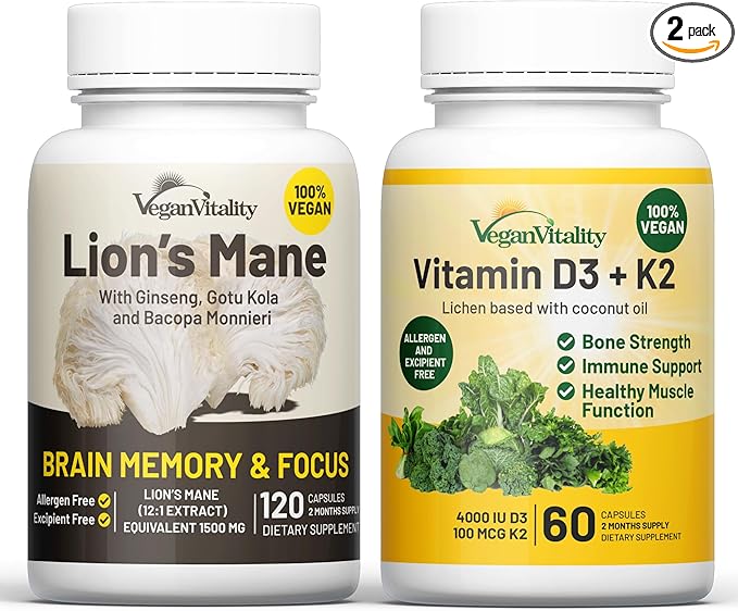 Vegan Vitality Brain &amp Body Balance Bundle: 120 Lions Mane Mushroom Nootropic Brain Support Supplement and 60 Vegan Vitamin D3 + K2 4000IU (100mcg)