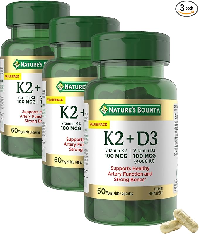 Nature's Bounty Vitamin D3 K2 Supplement 4000 IU D3 Plus 100 mcg of Vitamin K Supplements for Adults for Heart &amp Bone Health Support 60 Day Supply 60 Vegetarian Capsules (Pack of 3)