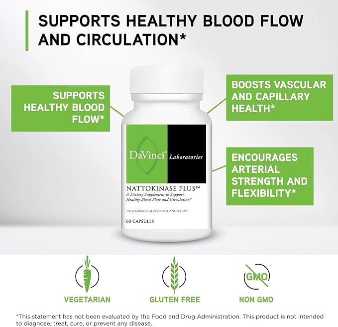 DAVINCI Labs Nattokinase Plus - High-Potency Nattokinase Supplement for Comprehensive Blood Flow Support for Men &amp Women - Formulated with Antioxidant Support - Gluten Free - 60 Vegetarian Capsule