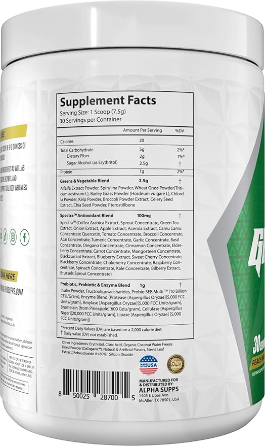 Alpha Supps - Alpha Greens Supplement | Fruit &amp Vegetable Superfood Powder | Over 40 Natural Plant Based Ingredients | Prebiotic &amp Probiotic Digestive Support Blend - 30 Servings (Peach Mango)
