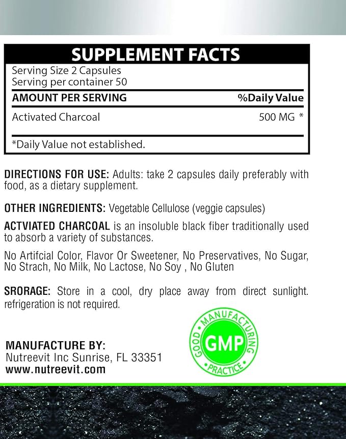 NutreeVit 100% Organic Highly Absorbent - Activated Charcoal (240 Count)