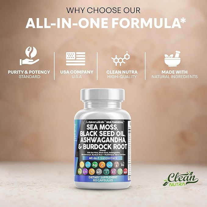 Clean Nutraceuticals Sea Moss Black Seed Oil Ashwagandha Turmeric Bladderwrack Burdock &amp Vitamin C Vitamin D3 with Elderberry Manuka Dandelion Yellow Dock Iodine Chlorophyll ACV - 2Pack
